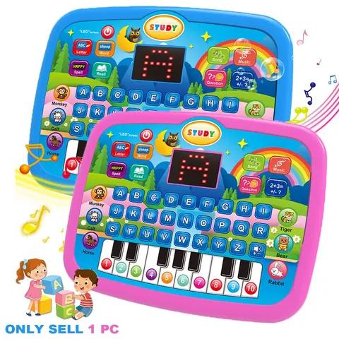 Blue and pink children's electronic learning tablets with alphabet keys, number keys, music controls and LED displays
