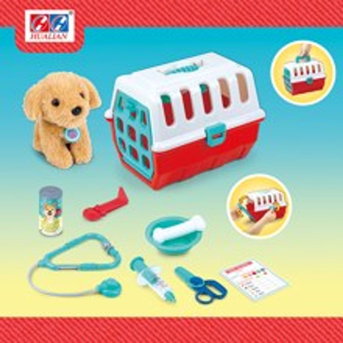 A pretend-play veterinarian set with a plush dog, carrier and toy medical tools