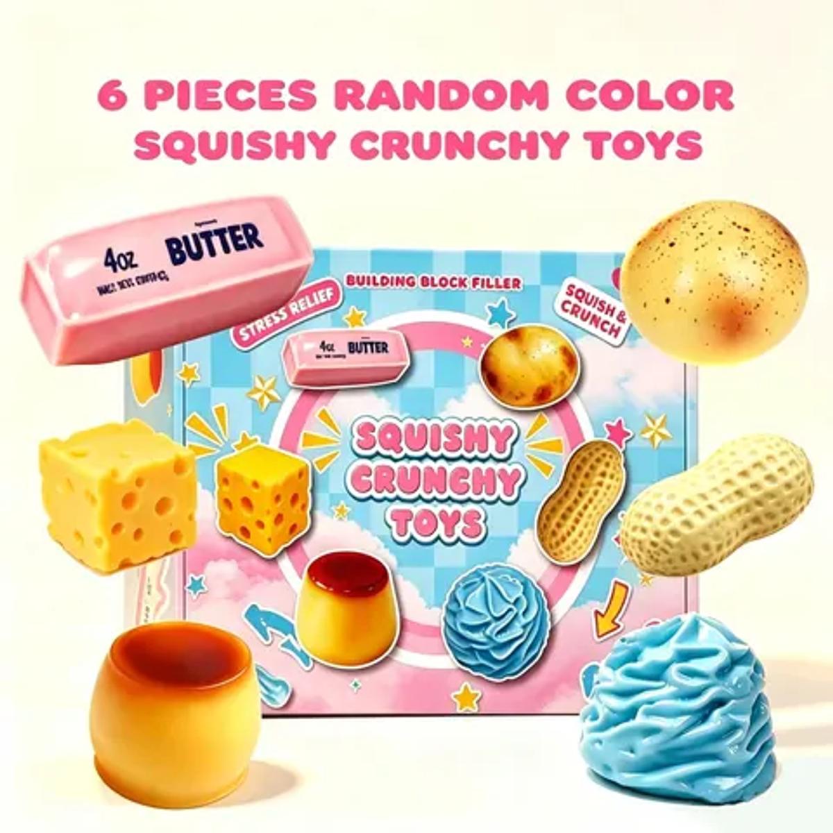 Food-shaped crunchy ASMR squeeze toys including butter, cheese and creme brulee