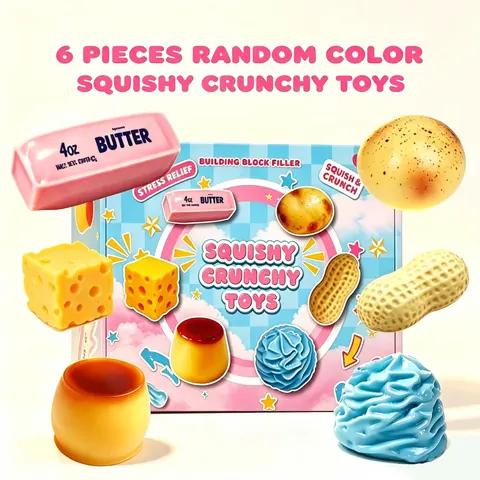 Food-shaped crunchy ASMR squeeze toys including butter, cheese and creme brulee