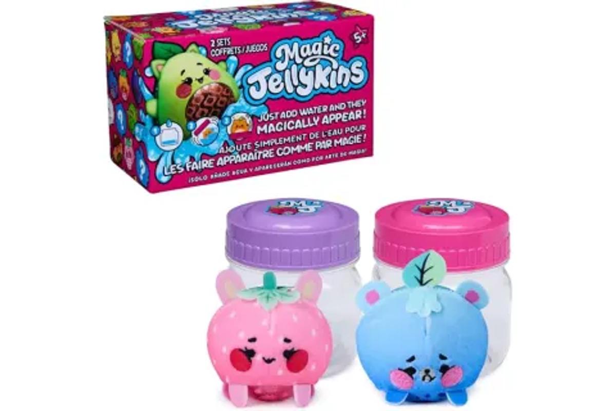 Two Magic Jellykins water-activated figures beside clear jars and a two-pack box