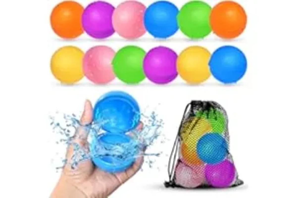 Colorful reusable water balloons in a mesh storage bag, with one balloon splashing water