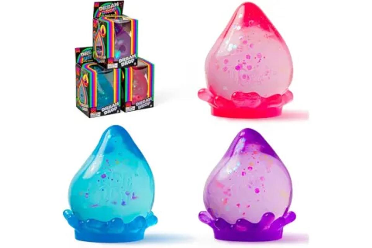 A small teardrop-shaped sensory squeeze toy in blue, pink and purple, shown with matching colorful packaging