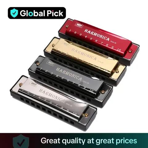 Four harmonicas in red, gold, black and silver