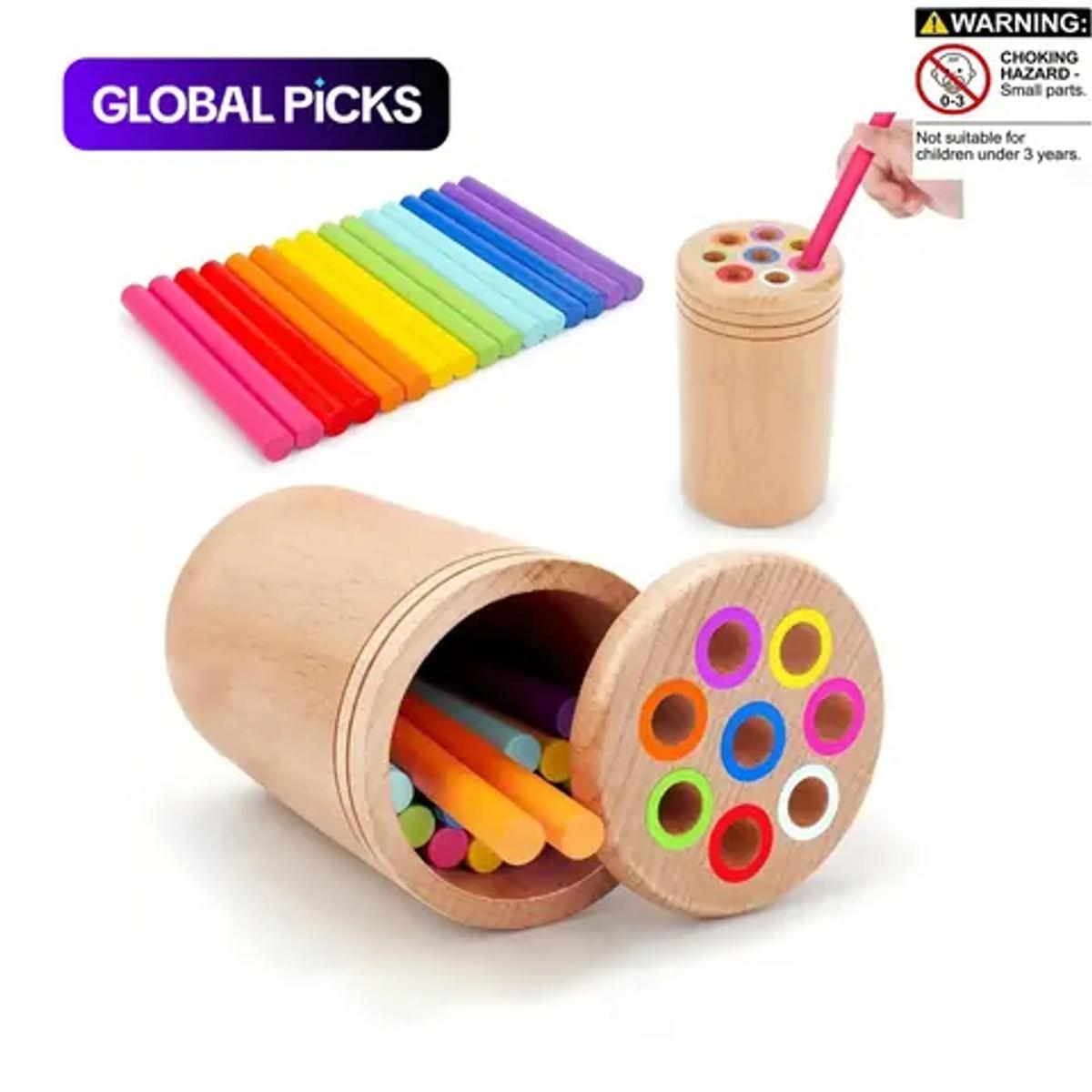 A wooden Montessori counting and sorting set with a cylindrical container, colorful peg holes and rainbow sticks