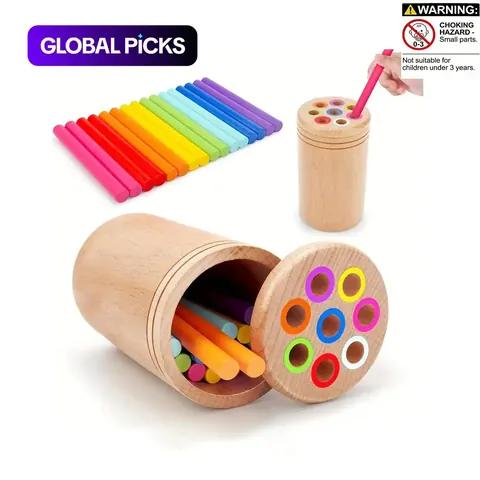 A wooden Montessori counting and sorting set with a cylindrical container, colorful peg holes and rainbow sticks