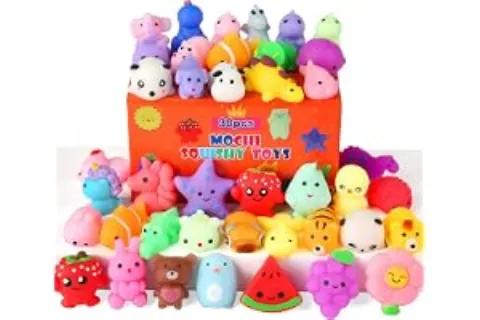 A boxed assortment of colorful animal, fruit and character-shaped squishy toys