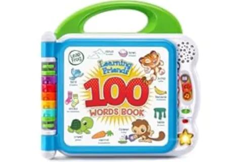 A LeapFrog electronic 100 Words Book with colorful tabs and animal illustrations