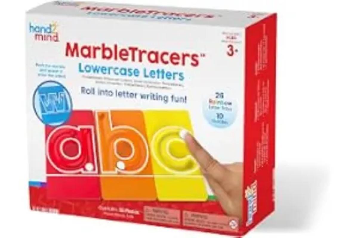 A letter-tracing marble activity set with colorful lowercase letter boards and marbles in a retail box