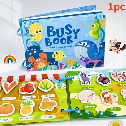 An animal-themed children's busy book with removable food and farm-animal pieces