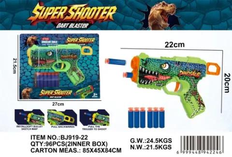 A dinosaur-shaped foam-dart blaster with packaging and foam darts observed in an origin-market transaction sample