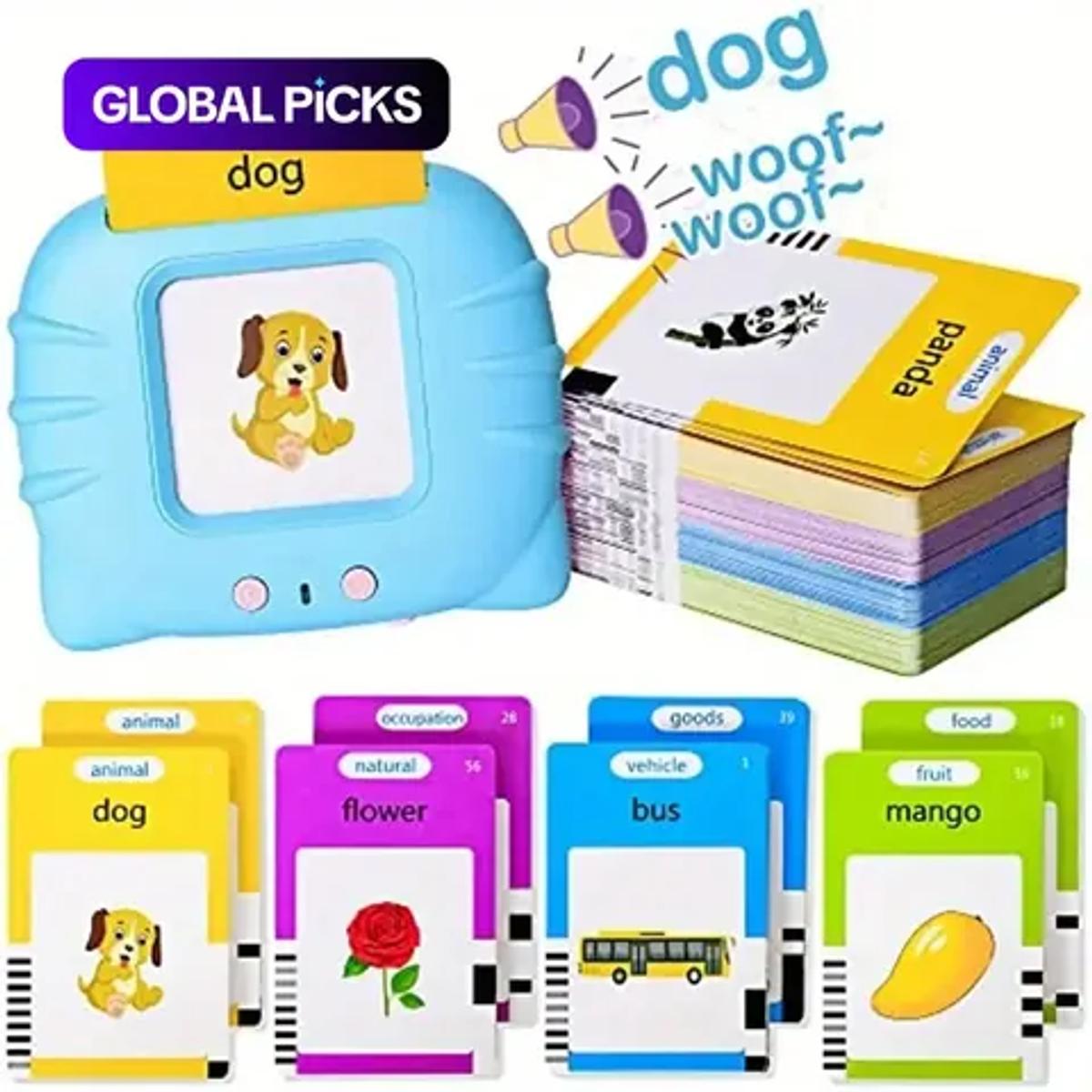 A children's word-card reader shown with illustrated vocabulary cards