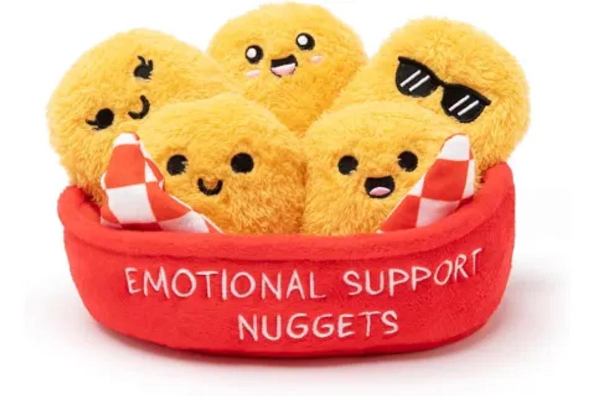 Emotional Support Nuggets plush set by Relatable, five golden nugget plushies in a red basket