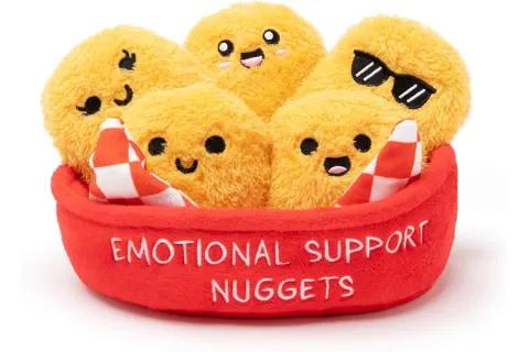 Emotional Support Nuggets plush set by Relatable, five golden nugget plushies in a red basket