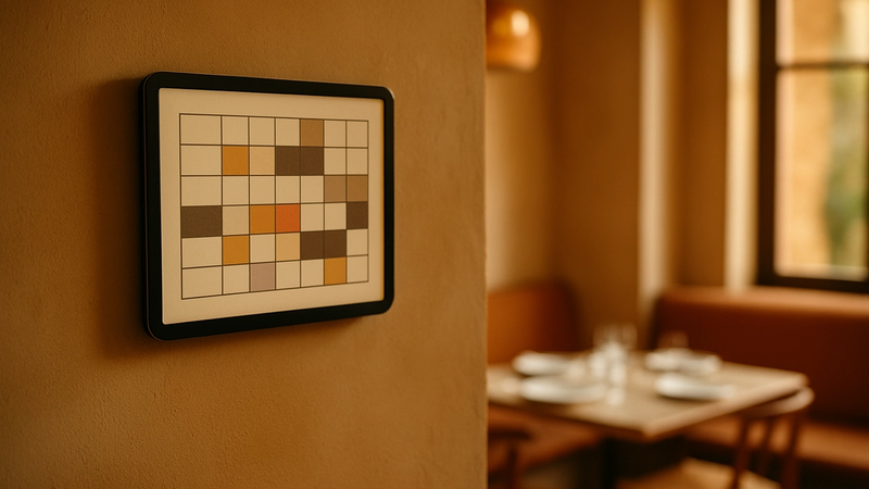 Restoran mola odasında haftalık personel çizelgesi gösteren tablet