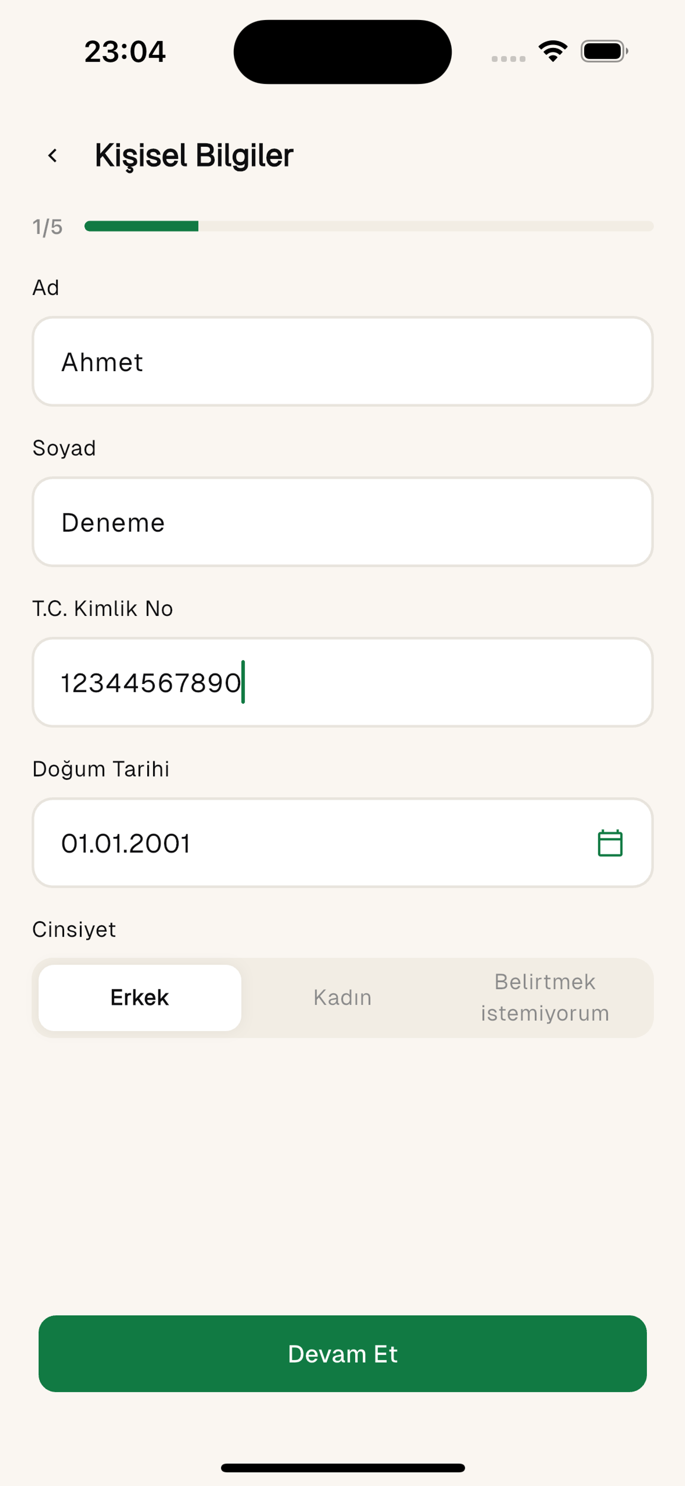 Adım 1: Ad, soyad, T.C. kimlik no, doğum tarihi ve cinsiyet.