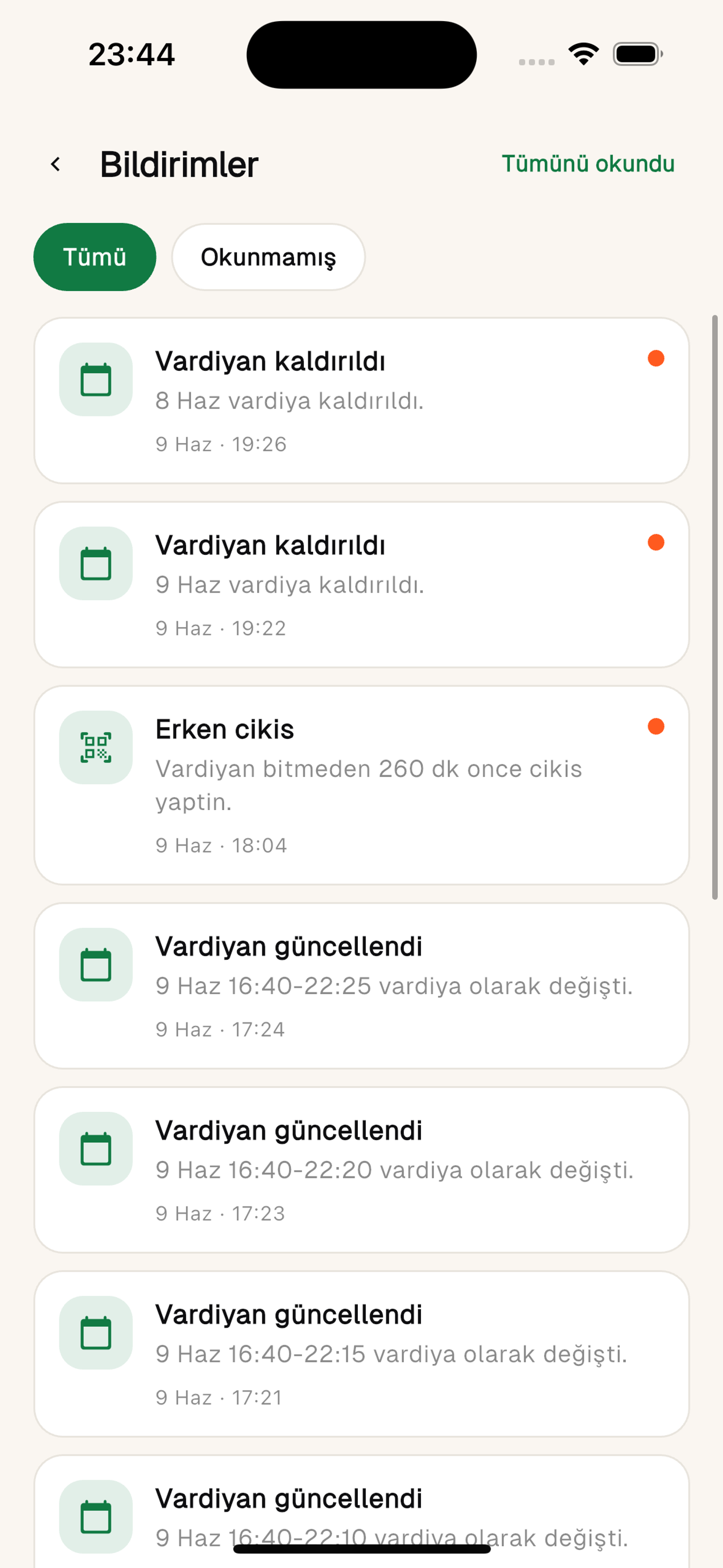 Bildirimler: vardiya değişiklikleri, plan yayınları, yoklama uyarıları; Tümü/Okunmamış süzgeci.