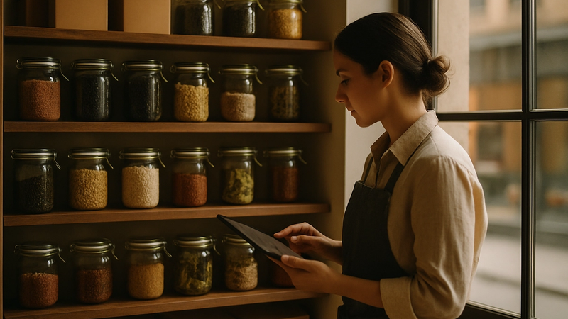 Etiketli kavanoz ve kutularla düzenli restoran kileri, tablette stok kontrolü
