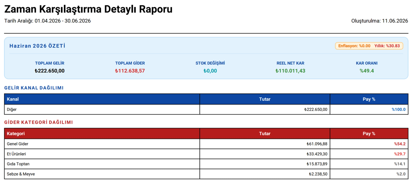 PDF rapor — ay özeti, kanal ve kategori dağılımı