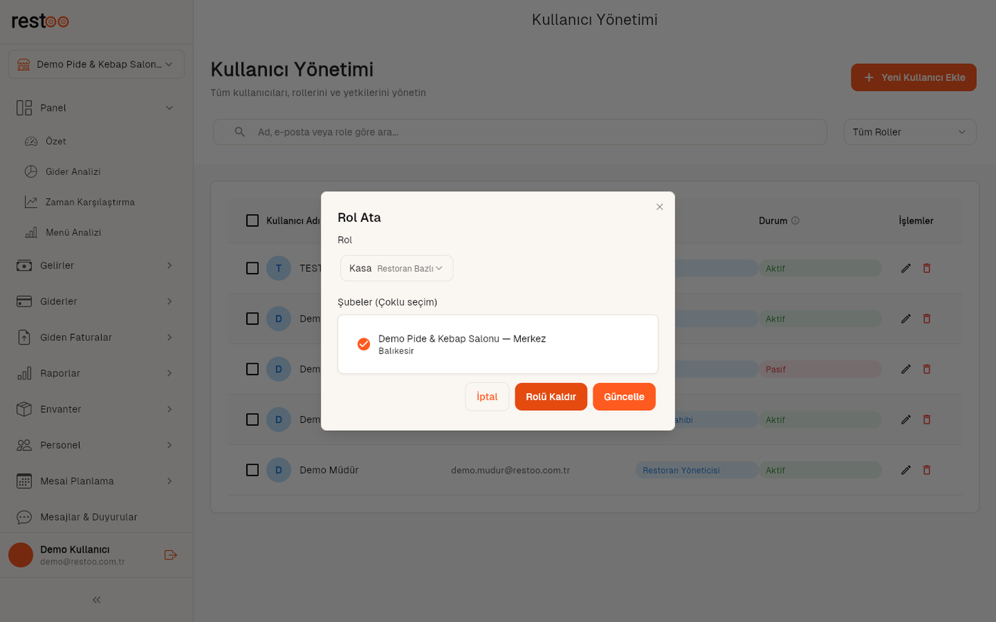 Rol Ata penceresi: kullanıcının mevcut rolü ve (Restoran Bazlı roller için) çalıştığı şube burada görünür.