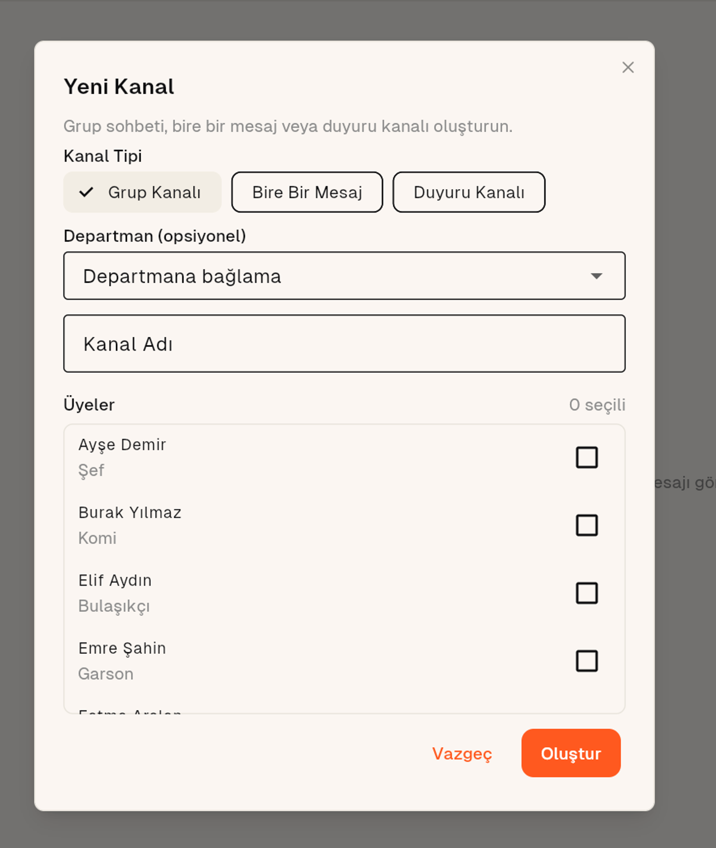 Yeni kanal — tip, departman ve üye seçimi