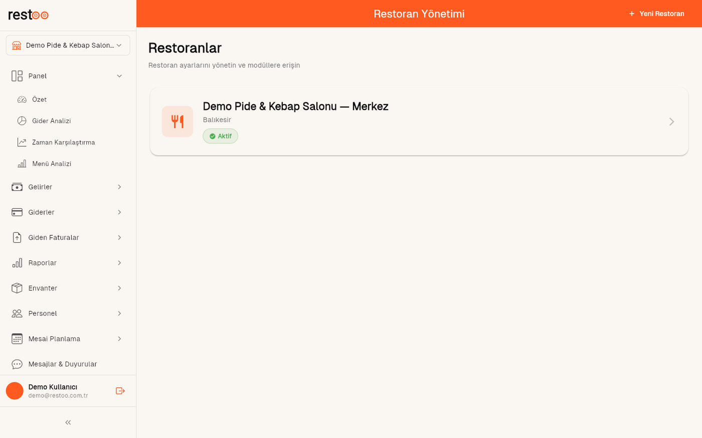 Restoran Yönetimi — mevcut şubeler listesi ve Yeni Restoran butonu.