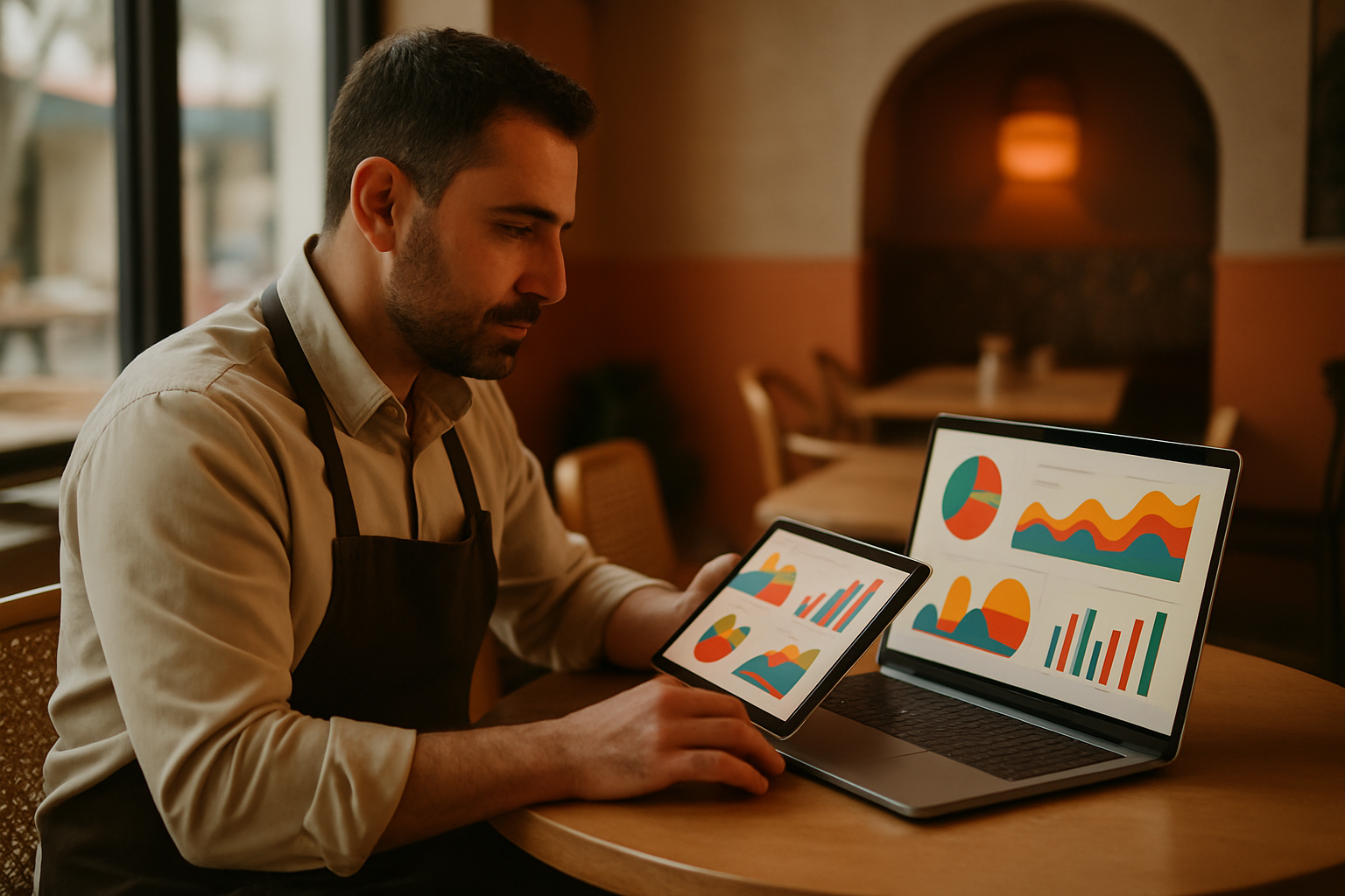 Dizüstü ve tablette performans grafiklerini inceleyen restoran yöneticisi
