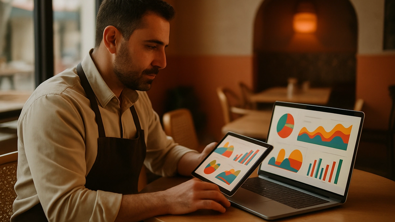 Dizüstü ve tablette performans grafiklerini inceleyen restoran yöneticisi