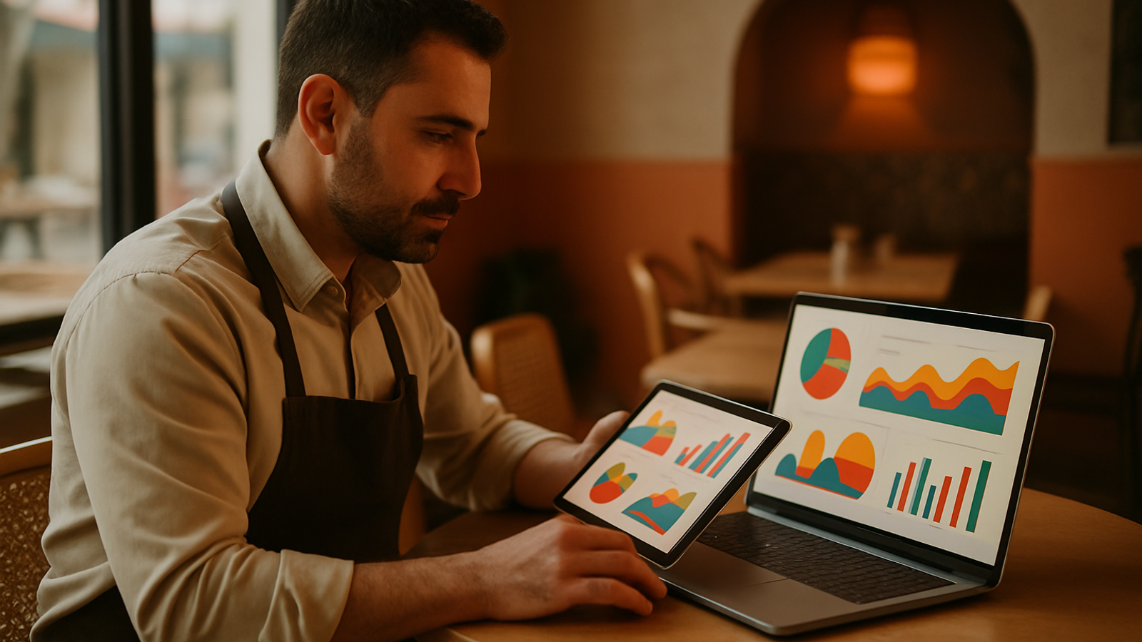 Dizüstü ve tablette performans grafiklerini inceleyen restoran yöneticisi
