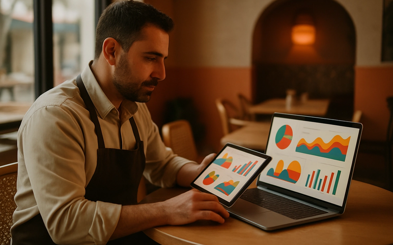 Dizüstü ve tablette performans grafiklerini inceleyen restoran yöneticisi