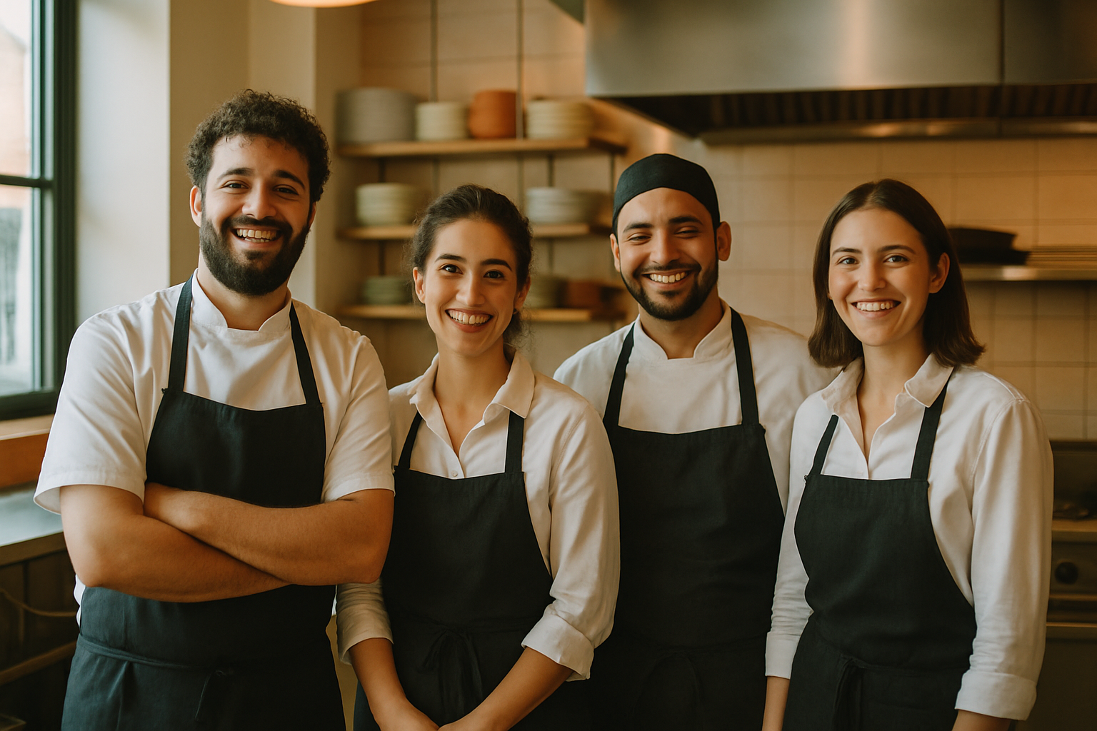 Aydınlık mutfakta birlikte duran mutlu restoran ekibi