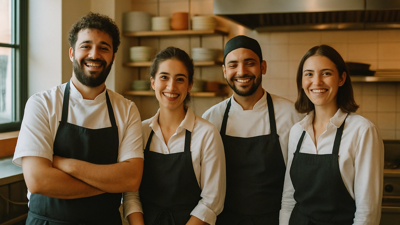 Aydınlık mutfakta birlikte duran mutlu restoran ekibi