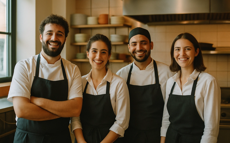 Aydınlık mutfakta birlikte duran mutlu restoran ekibi
