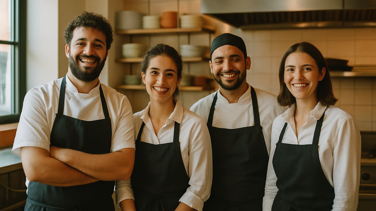 Aydınlık mutfakta birlikte duran mutlu restoran ekibi