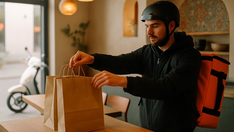 Restoran tezgahından paket alan kurye, arkada motosiklet
