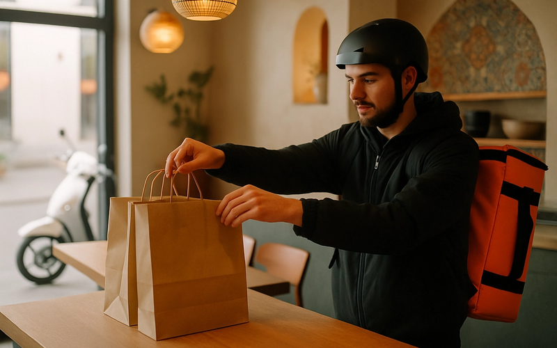 Restoran tezgahından paket alan kurye, arkada motosiklet