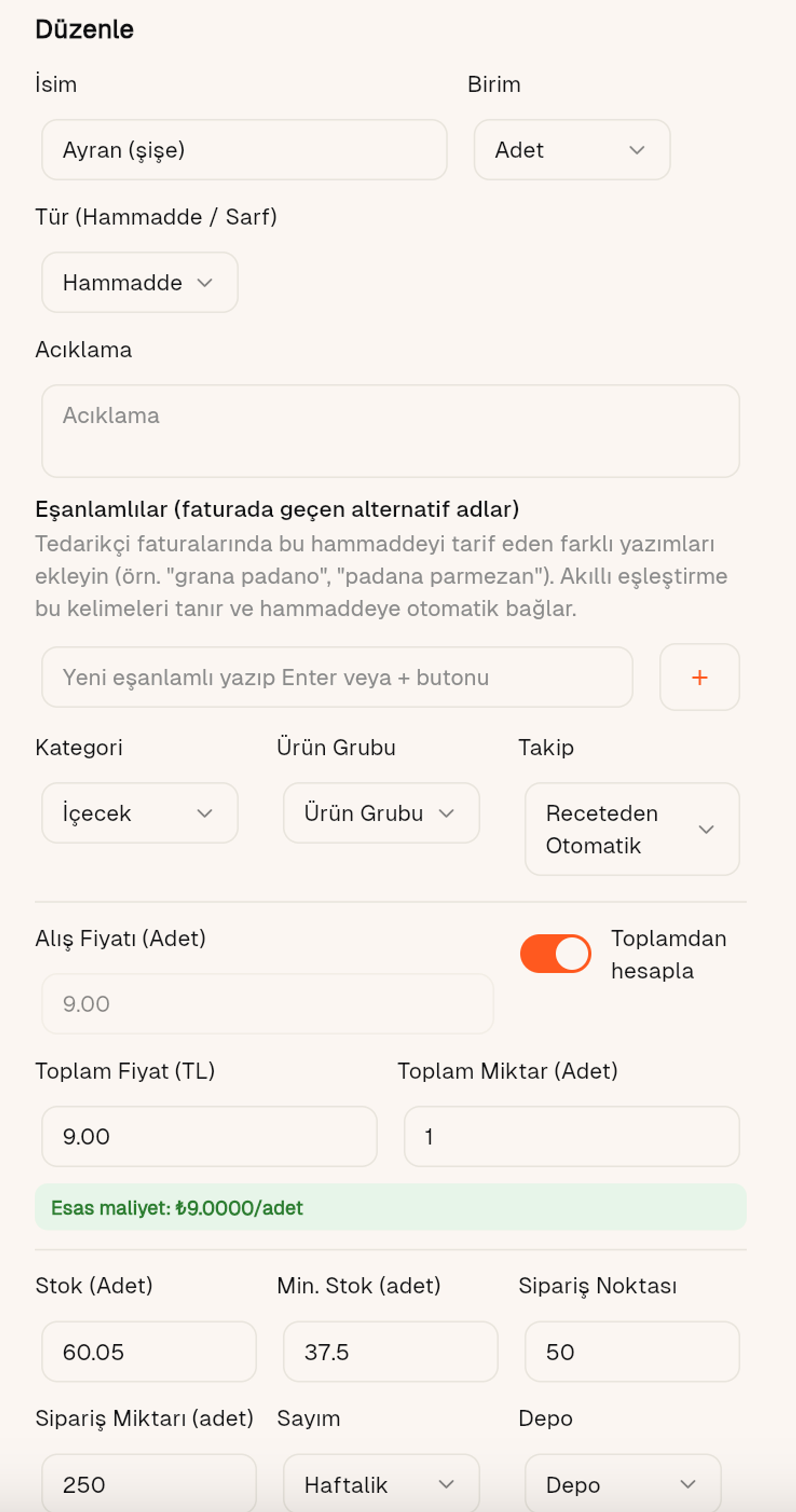 Hammadde kartı — birim, takip modu, fiyat, sipariş noktası