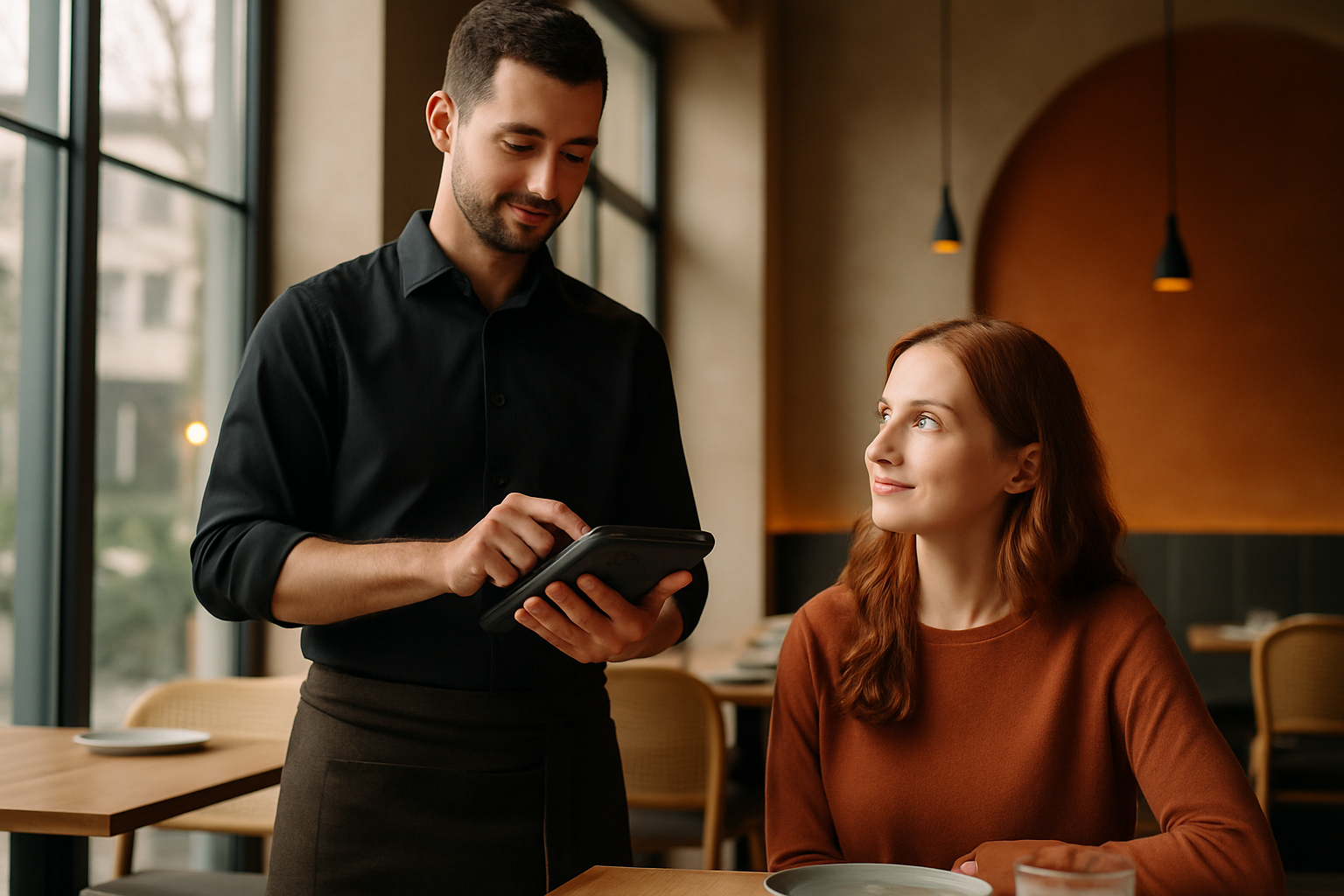 Modern restoranda elindeki POS tabletiyle sipariş alan garson