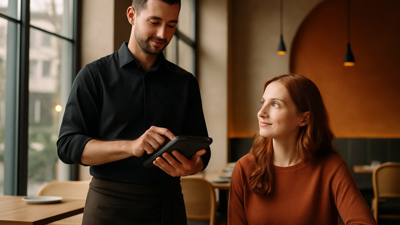 Modern restoranda elindeki POS tabletiyle sipariş alan garson
