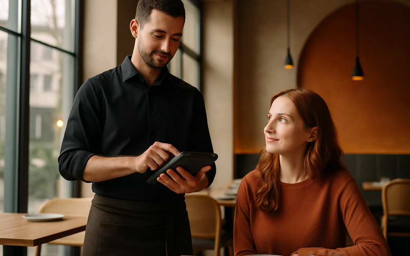 Modern restoranda elindeki POS tabletiyle sipariş alan garson