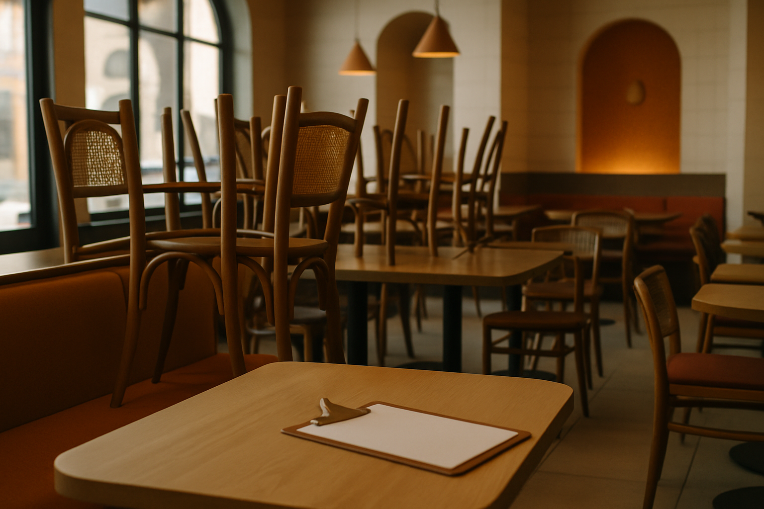 Açılış öncesi hazırlanan modern restoran içi ve masada kontrol listesi