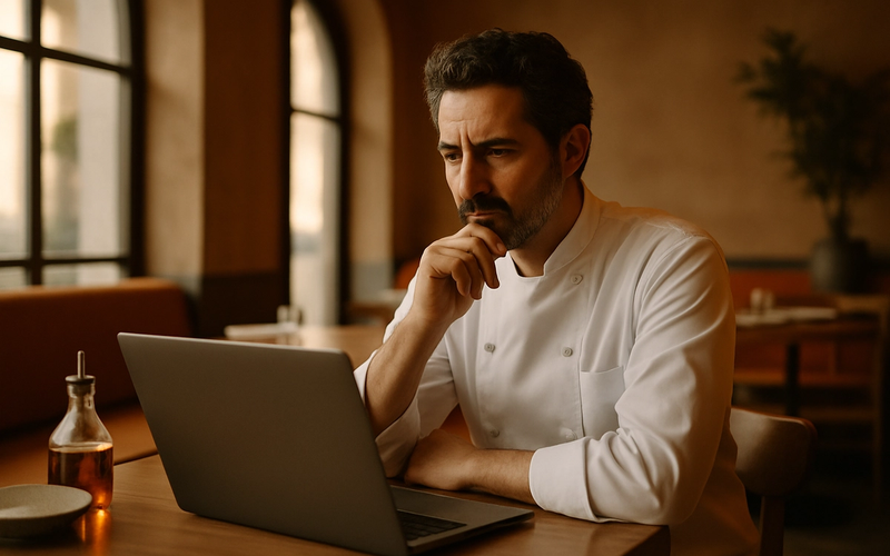 Sakin bir masada dizüstünde yazılım karşılaştıran restoran sahibi