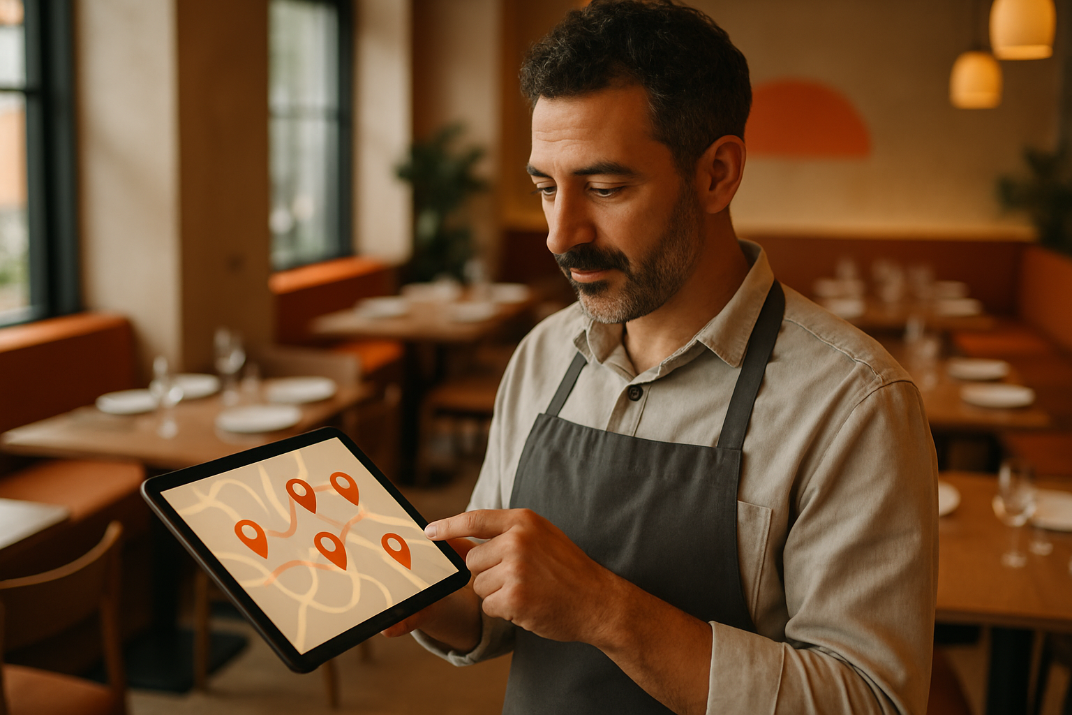 Tablette çoklu şube haritasına bakan restoran sahibi