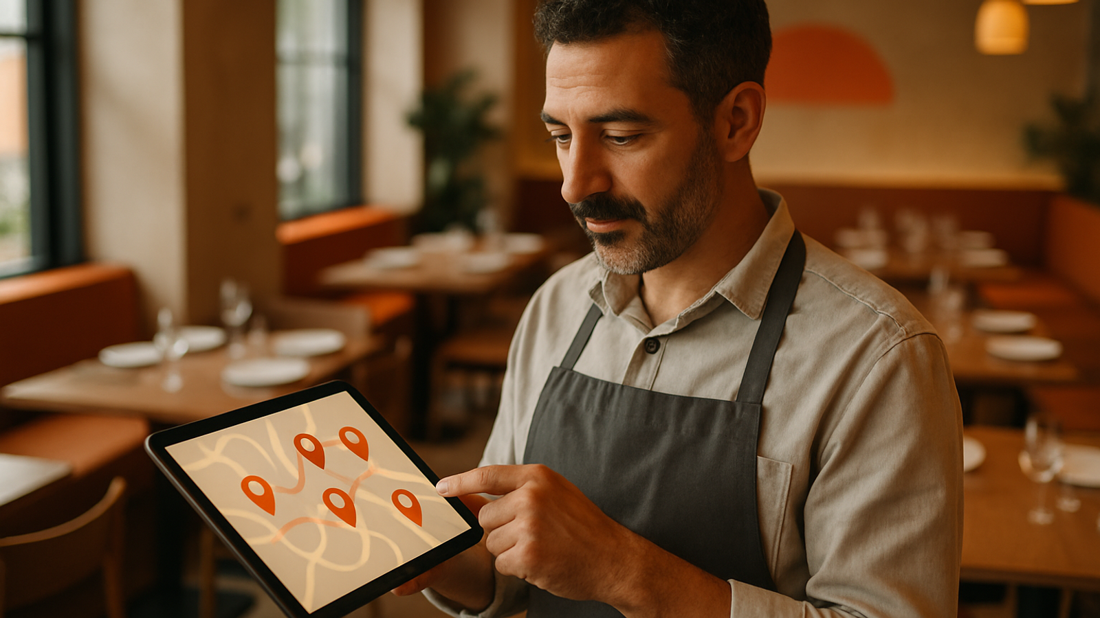 Tablette çoklu şube haritasına bakan restoran sahibi
