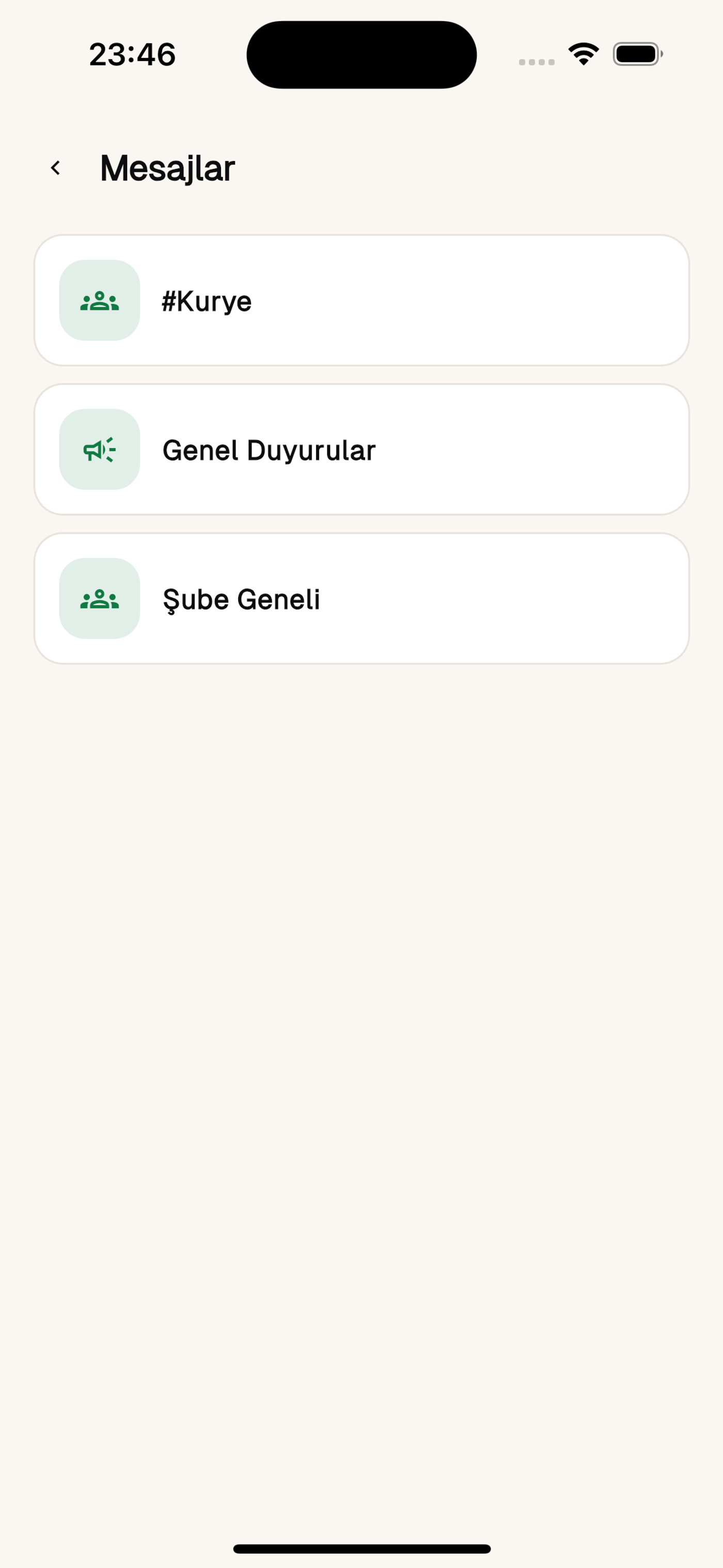 Mesajlar: departman kanalı, genel duyurular ve şube geneli kanalları.