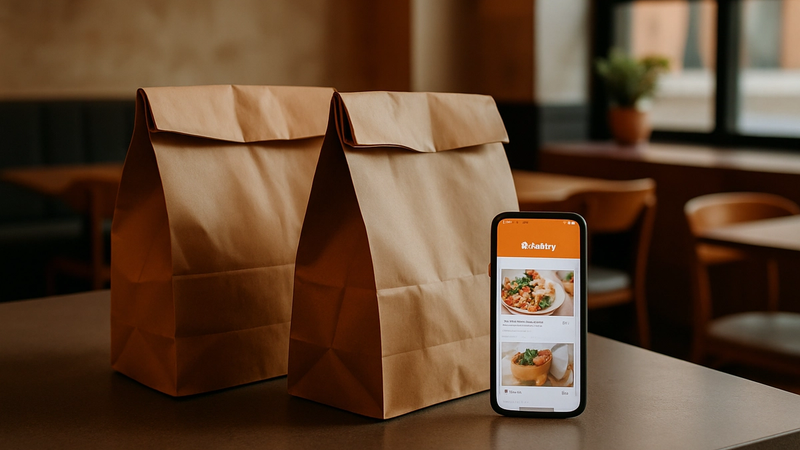 Tezgahta iki paket servis çantası ve telefonda sipariş uygulaması