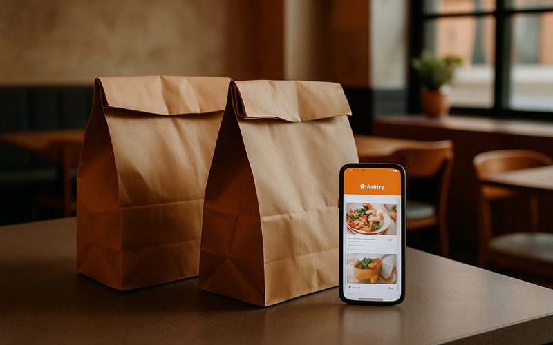 Tezgahta iki paket servis çantası ve telefonda sipariş uygulaması
