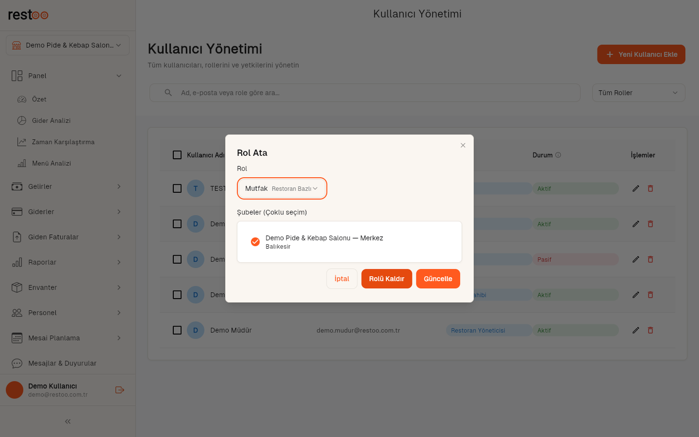 Bir kullanıcıya Mutfak rolü atanırken Rol Ata diyaloğu.