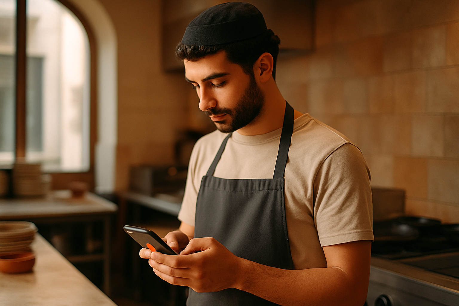 Mutfakta üniformalı personel, elinde mobil uygulama açık telefon