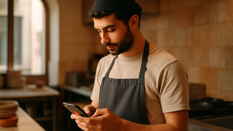 Mutfakta üniformalı personel, elinde mobil uygulama açık telefon